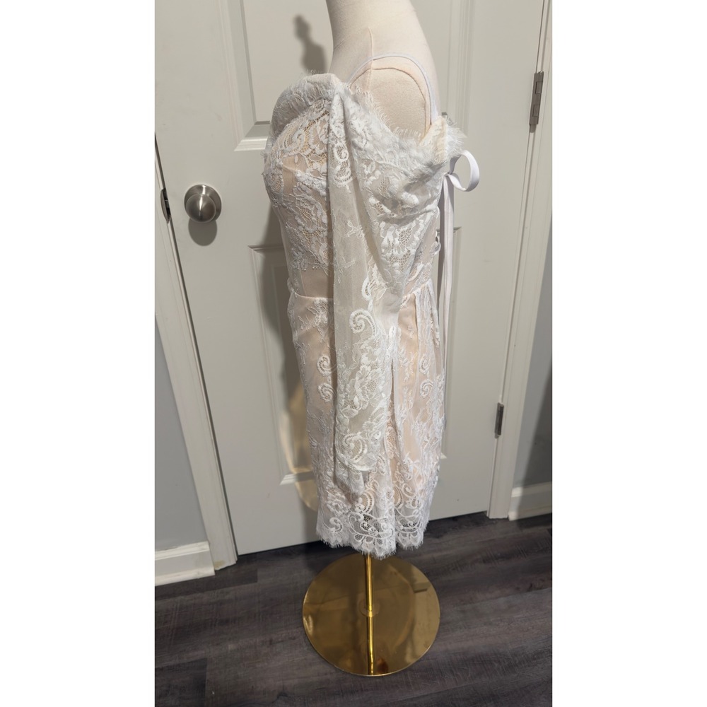 White Lace Off Shoulder Corset Back Mini Dress Gla Party Sexy Wedding Rehearsal - Picture 4 of 10